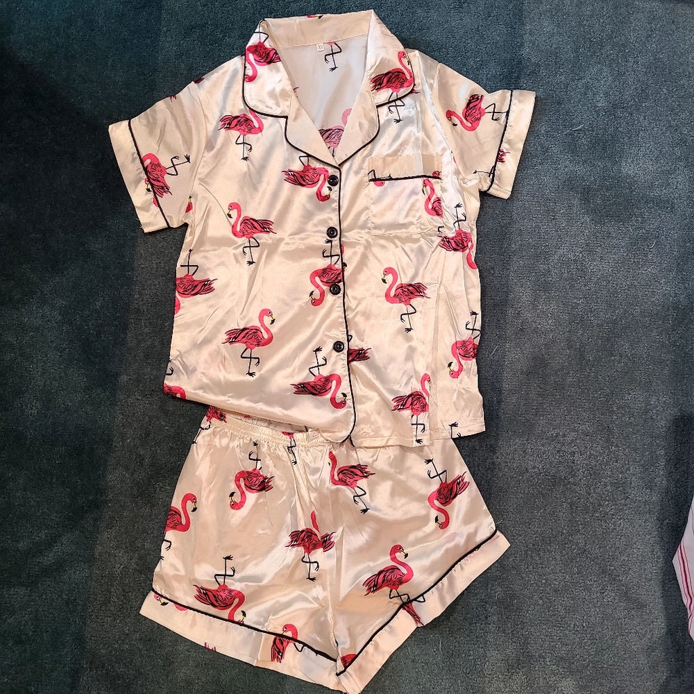 Flamingo Print Satin Pajama Set XS